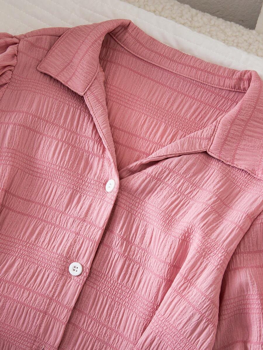 Blusa de cuadros rojos, manga abullonada y volante en el bajo - Imagen 2