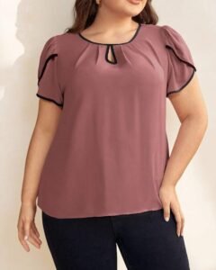 Blusa de cuello con abertura de ojo manga tulipán unido en contraste