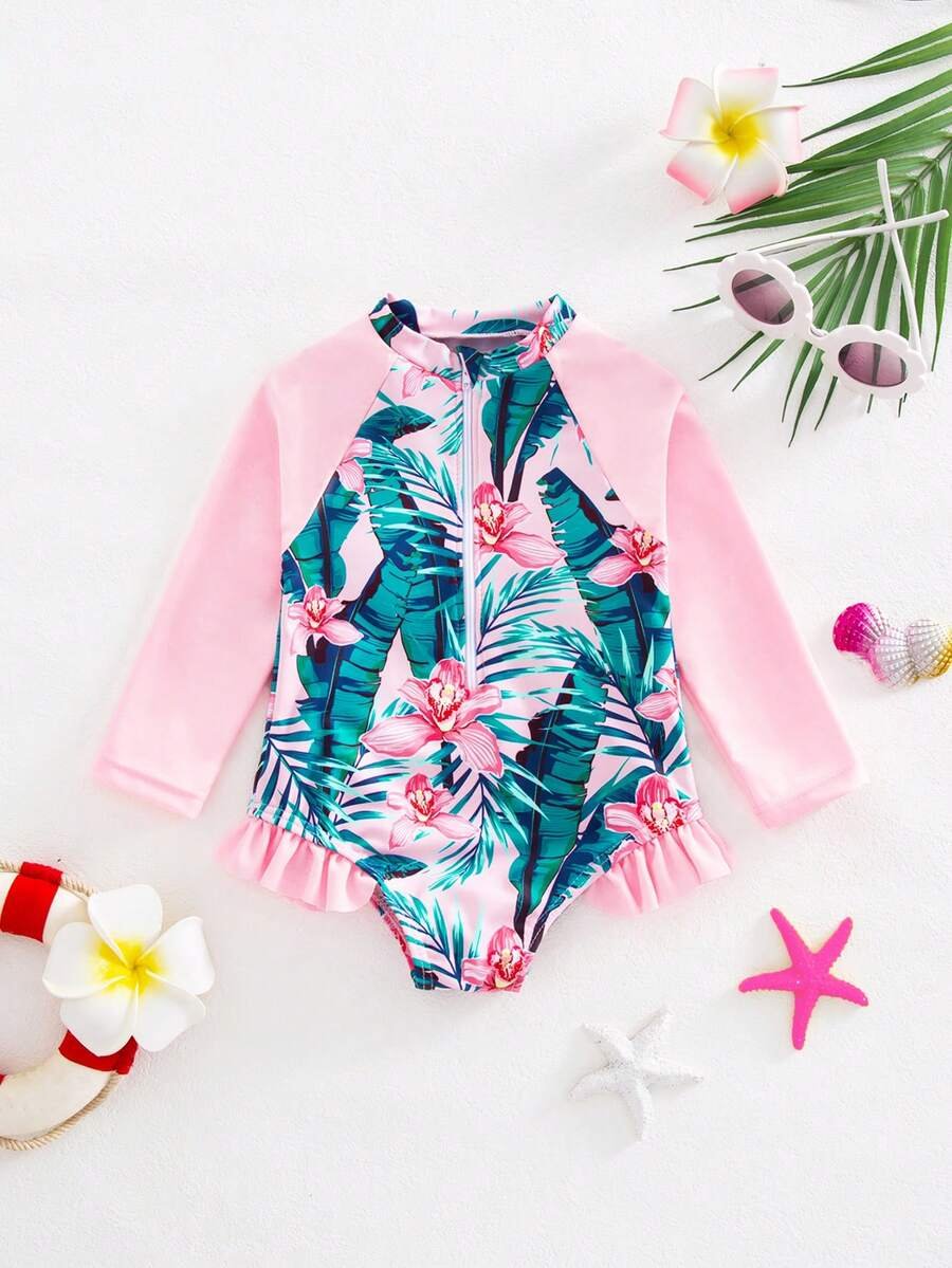 Traje de baño con estampado floral, cuello con volantes y mangas raglán - Imagen 3