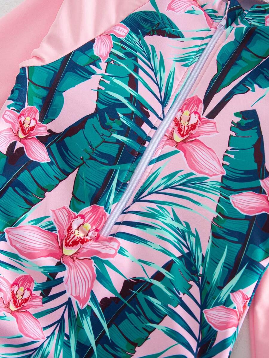 Traje de baño con estampado floral, cuello con volantes y mangas raglán - Imagen 2