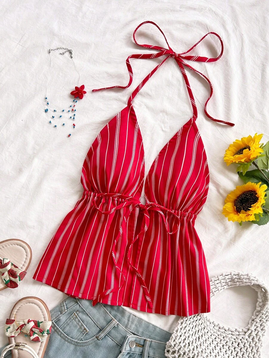 Blusa sin espalda con cuello en V y textura casual