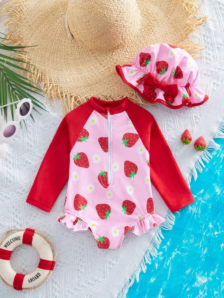 Traje de baño de una pieza con estampado de fresa y bloques de color - Imagen 3