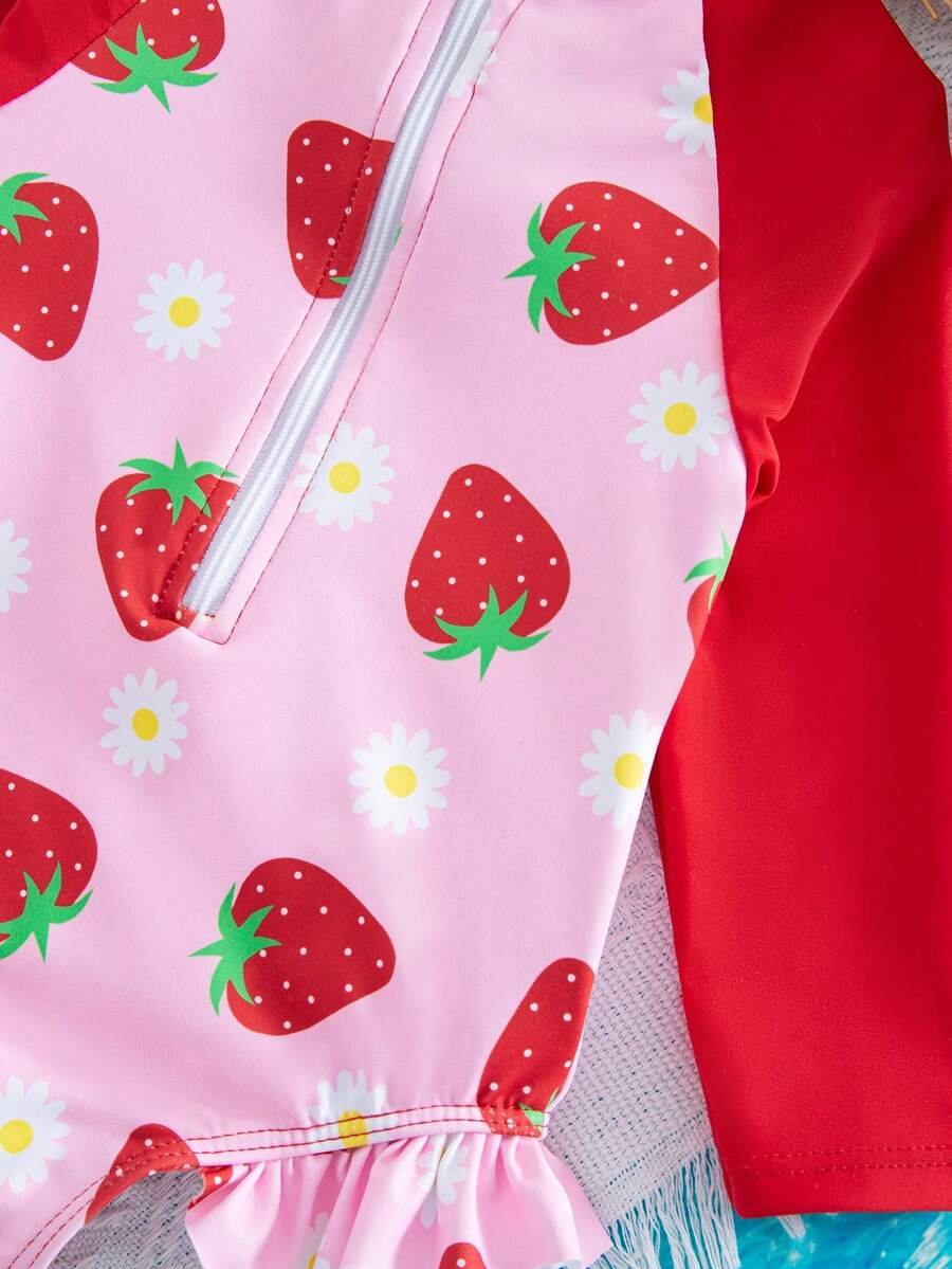 Traje de baño de una pieza con estampado de fresa y bloques de color - Imagen 2