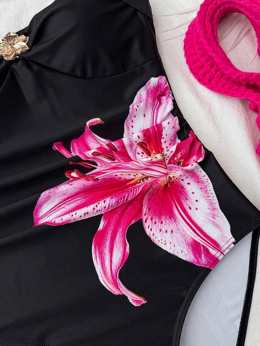 Traje de baño de una pieza con estampado floral y decoración metálica - Imagen 2