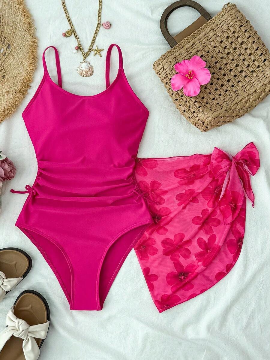 Bikini de punto de color fucsia y mono estampado con efecto tie-dye floral - Imagen 2