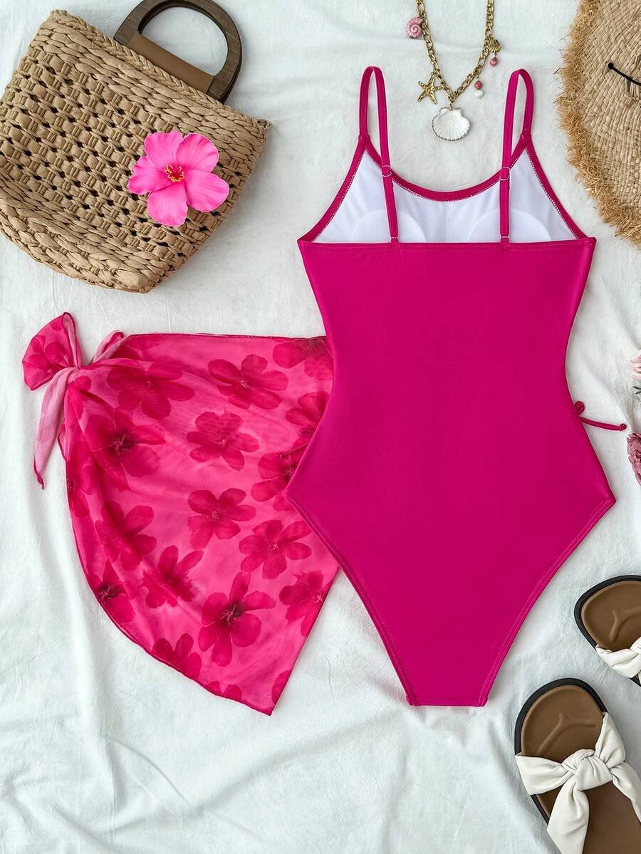 Bikini de punto de color fucsia y mono estampado con efecto tie-dye floral - Imagen 3