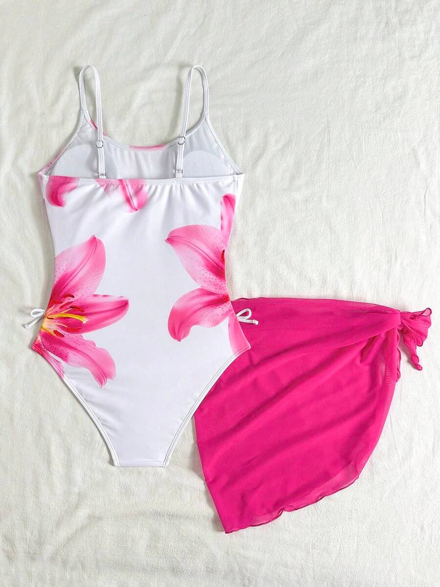 Traje de baño de una pieza con estampado floral blanco y cintura fruncida - Imagen 3