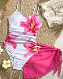 Traje de baño de una pieza con estampado floral blanco y cintura fruncida