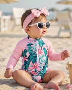 Traje de baño con estampado floral, cuello con volantes y mangas raglán