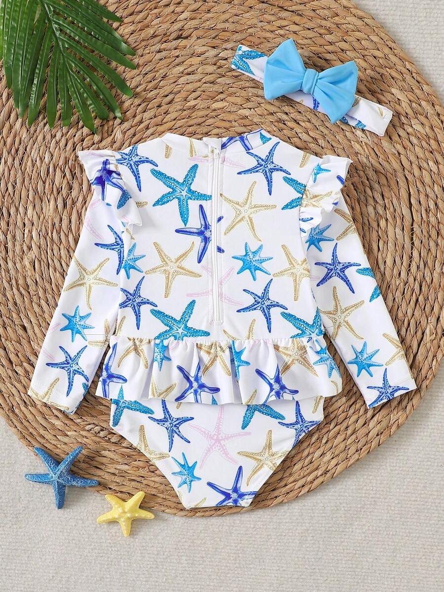 Traje de baño de niña bebé con estampado de estrella de mar y diadema - Imagen 3