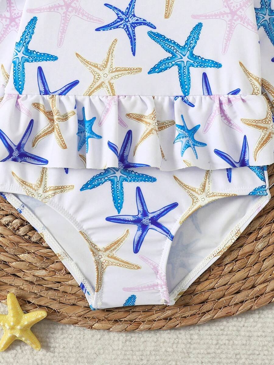 Traje de baño de niña bebé con estampado de estrella de mar y diadema - Imagen 2