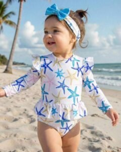 Traje de baño de niña bebé con estampado de estrella de mar y diadema