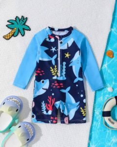 Traje de baño con cremallera para bebés, con estampado de tiburón y criaturas marinas