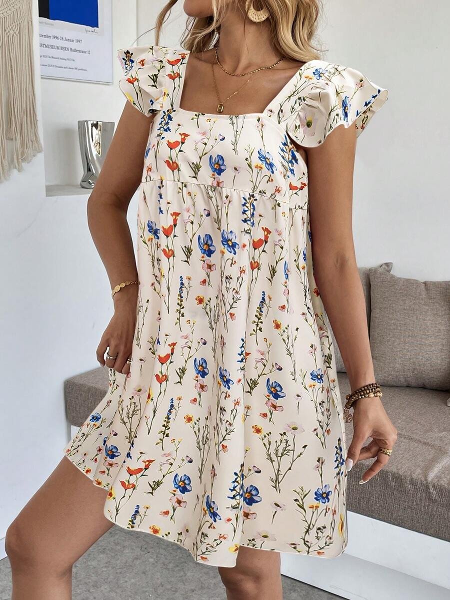 Vestido corto de verano casual de cuello de barco con estampado floral - Imagen 2