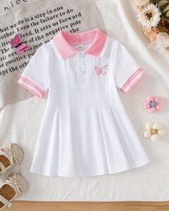 Vestido casual blanco con cuello y puños acanalados para niñas