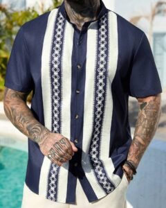 Camisa casual de manga corta con cuello alto, botones delanteros y estampado de rayas