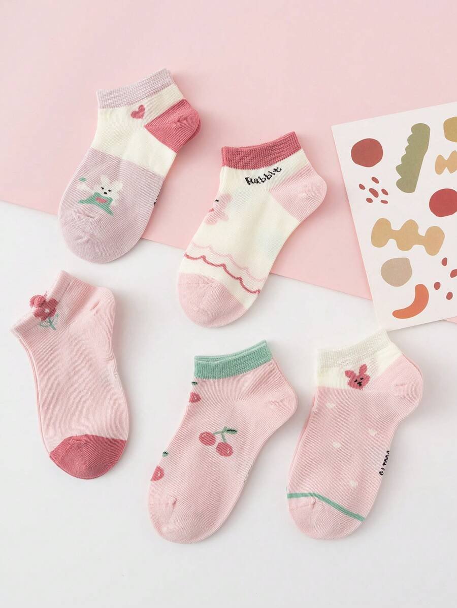 5 pares de calcetines cortos de diario con diseños de corazones, cerezas, osos y flores - Imagen 3