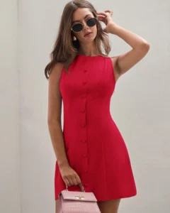Vestido mini elegante de mujer de unicolor y cuello redondo
