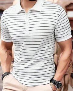 Camisa tipo polo con cuello a rayas para hombre, manga corta con botón
