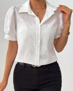 Blusa de mujer con mangas abombadas, unicolor y patrón de corazón