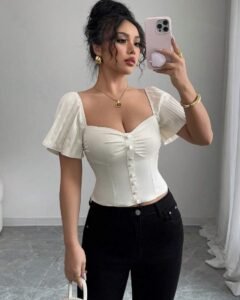 Blusa elegante de manga corta con pliegues y cintura de corpiño