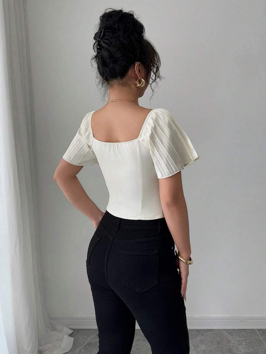 Blusa elegante de manga corta con pliegues y cintura de corpiño - Imagen 3