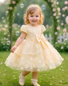 Vestido de princesa de tul color champán con bordado floral y gran lazo