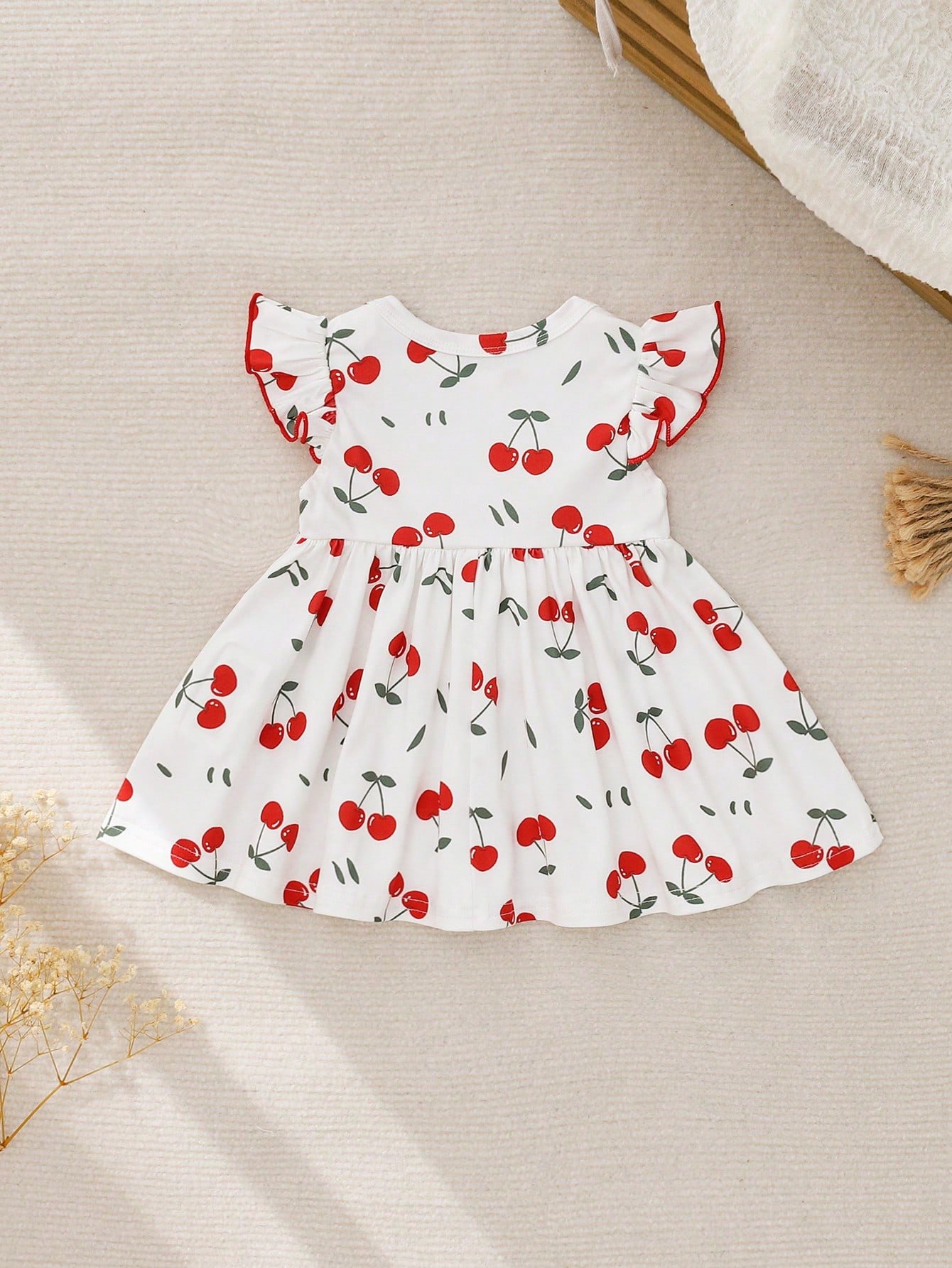 Vestido de verano de punto con manga de volantes y estampado de cerezas - Imagen 2