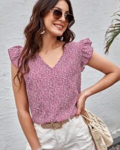 Blusa casual con cuello en V con volantes y estampado floral