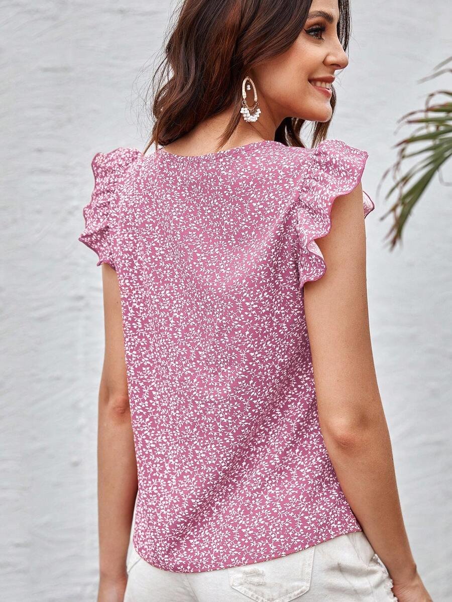 Blusa casual con cuello en V con volantes y estampado floral - Imagen 3