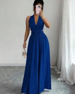 Vestido largo sin mangas con cuello en V, diseño hueco en la cintura y plisado
