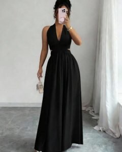 Vestido sin mangas con cuello en V, diseño hueco en la cintura y plisado