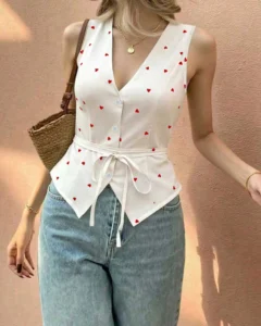 Blusa con estampado de corazones y cierre de un solo pecho