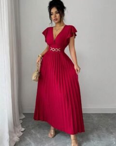 Vestido maxi elegante con cuello en V y mangas con volantes