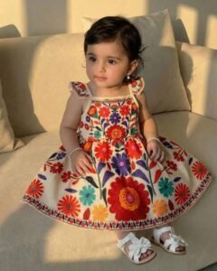 Vestido casual, lindo y dulce para niña con estampado retro floral