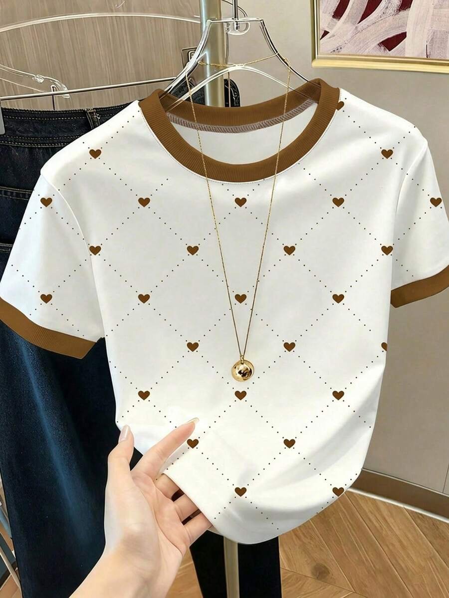 Camiseta corta de cuello redondo de manga corta con cintura alta