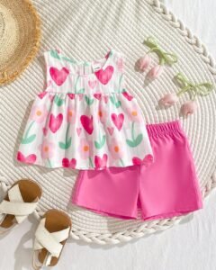 Top sin mangas de cuello redondo y shorts rosa