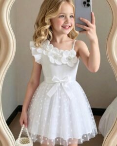 Vestido de niña con decoración floral, empalmado de perlas