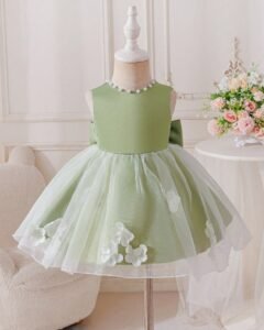 Vestido sin mangas de satén verde para niñas con decoración floral 3D,