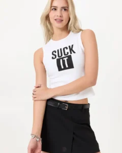Top Rib con Estampado «Suck It» Blanco