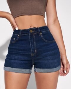 Shorts en mezclilla con cremallera bajo doblado