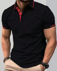 Camisa polo de negocios casuales con bloqueo de color y cuello de botón a la mitad