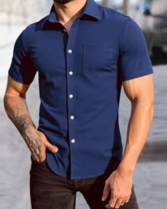 Camisa de manga corta casual de un solo pecho con bolsillo de unicolor