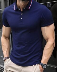 Polo con ribete de contraste, casual de trabajo con cuello de botón medio