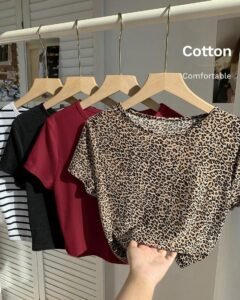 Camisetas con diseño liso, estampado de rayas y leopardo