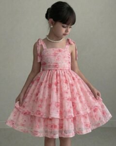 Vestido elegante y lindo con tirantes finos, lazo, cintura fruncida