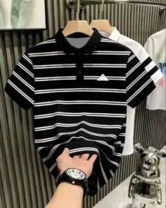 Camiseta polo de manga corta a rayas casual y versátil