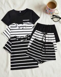 Conjunto de pijama mujer con top de manga corta y shorts a rayas