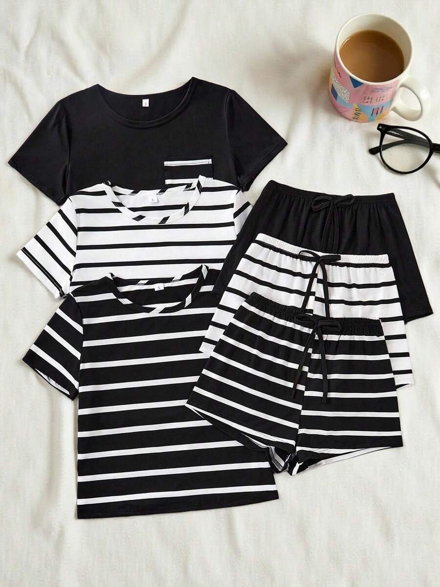 Conjunto de pijama mujer con top de manga corta y shorts a rayas