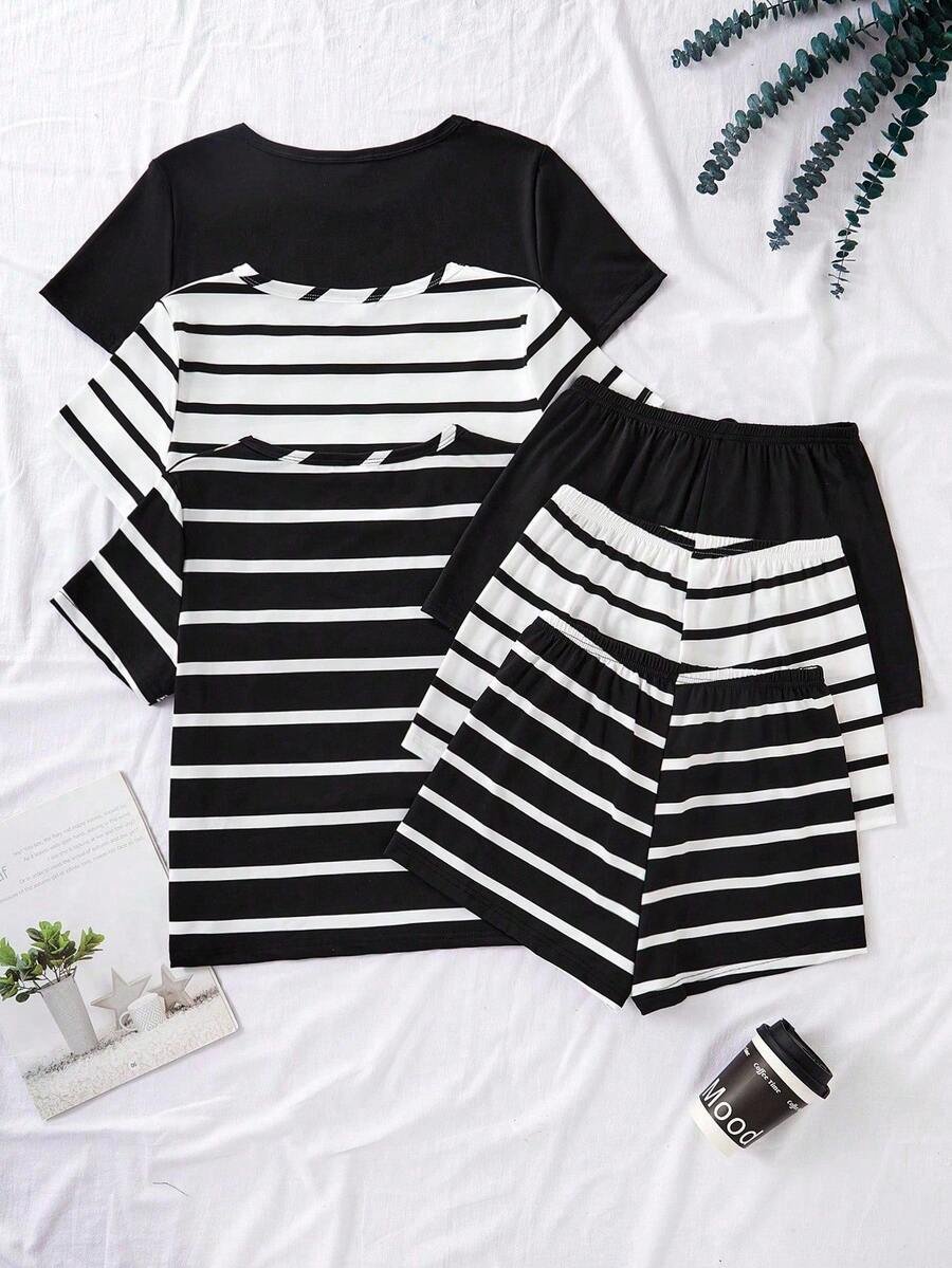 Conjunto de pijama mujer con top de manga corta y shorts a rayas - Imagen 3